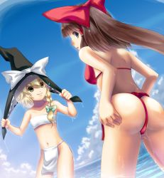 Rule 34 | 2girls, :o, ass, bad id, bad pixiv id, bikini, blue eyes, bow, breasts, brown eyes, brown hair, eko, female focus, from behind, from below, fundoshi, hair bow, hakurei reimu, hat, hat tug, japanese clothes, kirisame marisa, large breasts, long hair, looking at viewer, looking back, multiple girls, navel, swimsuit, touhou, wet, witch, witch hat