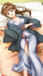 Rule 34 | 1girl, :d, breasts, brown eyes, brown hair, cleavage, collarbone, doukyuusei, doukyuusei another world, futon, game cg, hair ornament, hair scrunchie, haori, high ponytail, indoors, japanese clothes, kimono, long hair, long sleeves, looking at viewer, lying, medium breasts, official art, on back, open clothes, open kimono, open mouth, panties, pink scrunchie, scrunchie, smile, solo, striped clothes, striped panties, tanaka misa, underwear, very long hair, white kimono, white panties