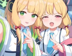 Rule 34 | 2girls, animal ear headphones, animal ears, blonde hair, blue archive, blue necktie, blush, bow, collared shirt, fake animal ears, green eyes, green halo, hair bow, halo, headphones, highres, jacket, kouki7912f, long sleeves, looking at viewer, midori (blue archive), momoi (blue archive), multiple girls, necktie, open clothes, open jacket, open mouth, pink halo, red bow, red eyes, shirt, short hair, siblings, sisters, smile, twins, white jacket, white shirt, wide sleeves