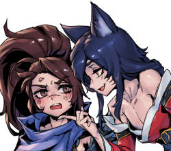 Rule 34 | 1boy, 1girl, ahri (league of legends), anger vein, black hair, blue scarf, blush, brown eyes, brown hair, collarbone, detached sleeves, facial mark, fang, genderswap, genderswap (ftm), genderswap (mtf), hand on another&#039;s chin, korean clothes, league of legends, long hair, long sleeves, looking at another, phantom ix row, ponytail, portrait, profile, scarf, simple background, smile, sweat, whisker markings, white background, yasuo (league of legends)