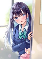Rule 34 | 1girl, aqua bow, blue eyes, blue hair, blue sweater, blush, bow, breasts, collared shirt, commentary request, dress shirt, hand up, highres, holding, long hair, looking at viewer, multicolored hair, nail polish, original, parted lips, peeking out, pink nails, purple hair, sakura hiyori, school uniform, shirt, small breasts, smile, solo, sweater, two-tone hair, upper body, very long hair, white shirt, wrapped bento
