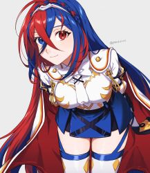 Rule 34 | 1girl, alear (female) (fire emblem), alear (fire emblem), arms behind back, blue eyes, blue hair, blue skirt, bow, braid, breasts, cape, crossed bangs, crown braid, fire emblem, fire emblem engage, hair between eyes, heterochromia, highres, leaning forward, long hair, looking at viewer, medium breasts, multicolored hair, nintendo, peach11 01, red cape, red eyes, red hair, skirt, smile, solo, thigh strap, thighhighs, thighs, tiara, two-tone hair, very long hair, watermark, white bow