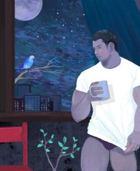 Rule 34 | 1boy, acrylic paint (medium), bara, bare tree, bird, black male underwear, blue bird, briefs, bulge, chair, coffee mug, cup, facial hair, feet out of frame, full moon, highres, holding, holding cup, indoors, long sideburns, looking outside, looking to the side, male focus, male underwear, male underwear peek, mature male, moon, mug, muscular, muscular male, mustache stubble, night, night sky, no pants, original, painting (medium), plant, shirt, shirt tug, short hair, sideburns, sideburns stubble, sky, solo, standing, star (sky), starry sky, stomach, stubble, t-shirt, thick eyebrows, thick thighs, thighs, torajiro art, traditional media, tree, underwear, white shirt, window