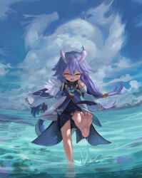 Rule 34 | 1girl, :d, ^ ^, bailu (honkai: star rail), bare shoulders, barefoot, blue dress, blue hair, blue sky, closed eyes, cloud, cloudy sky, commentary request, day, detached sleeves, dokomon, dress, facing viewer, feet, hair between eyes, highres, honkai: star rail, honkai (series), korean commentary, long sleeves, open mouth, outdoors, shallow water, sky, sleeves past wrists, smile, soles, solo, standing, standing on one leg, toes, v-shaped eyebrows, wading, water, white sleeves, wide sleeves