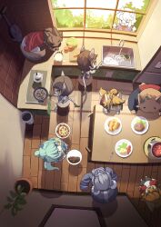 Rule 34 | ahoge, animal ears, blue hair, brown hair, cat ears, cat girl, cat tail, chibi, cooking, counter, curry, cutting board, dog boy, dog ears, dog tail, double bun, faucet, food, fork, from above, frying pan, furry, furry female, furry male, grey hair, hair bun, hamburger steak, highres, holding, holding knife, holding plate, indoors, kettle, kitchen, knife, lettuce, multiple boys, multiple girls, music, omelet, original, pizza, plant, plate, ponytail, potted plant, shinba (sinba812), singing, sleeves past wrists, table, tail, tomato, wide shot, window, window shadow, wooden floor