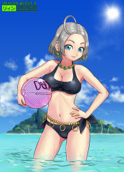 Rule 34 | 1girl, ahoge, belly chain, bikini, black bikini, blue eyes, breasts, cleavage, contrapposto, copyright name, dragon quest, dragon quest x, earrings, front-tie bikini top, front-tie top, gem, gluteal fold, hand on own hip, island, jewelry, large breasts, navel, necklace, ocean, riin (dq), riin (dq10), short hair, side-tie bikini bottom, silver hair, smile, solo, standing, stomach, swimsuit, ur (wulfa), wading, water, watermark, web address, wet