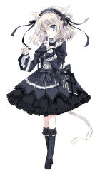 Rule 34 | 1girl, alice margatroid, alternate costume, animal ears, bad id, bad pixiv id, blue eyes, cat ears, cat tail, cierra (ra-bit), finger to mouth, frills, full body, gothic lolita, head tilt, highres, kemonomimi mode, lolita fashion, looking at viewer, silver hair, solo, standing, tail, touhou