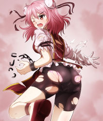 Rule 34 | 1girl, ass, bandaged arm, bandages, bike shorts, blouse, commentary request, cuffs, ibaraki kasen, one eye closed, open mouth, pink hair, puffy short sleeves, puffy sleeves, red footwear, shackles, shirt, short hair, short sleeves, shorts, solo, tabard, thighs, torn clothes, torn shorts, touhou, white shirt, zanntetu