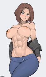 Rule 34 | 1girl, abs, black shirt, blue eyes, blue pants, bracelet, breasts, brown hair, buttons, clothes lift, heart, jewelry, large breasts, mole, mole under eye, navel, nipples, no bra, pants, puckered lips, rd-rn00, samsung, samsung sam, shirt, short hair, solo, standing, third-party edit