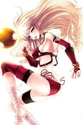 Rule 34 | 1girl, arm warmers, armpits, ass, back, ball, bandages, bare shoulders, bikini, blonde hair, breasts, elbow gloves, elf, enthia (soccer spirits), gloves, halterneck, highres, large breasts, long hair, looking at viewer, official art, pointy ears, reason (ficafe), red bikini, resized, side-tie bikini bottom, soccer spirits, swimsuit, tongue, tongue out, transparent background, upscaled, yellow eyes