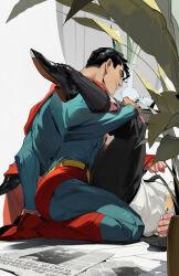 Rule 34 | 2boys, ass, bara, batman (series), black hair, black pants, blue bodysuit, blue eyes, bodysuit, bruce wayne, cape, clark kent, closed mouth, cup, dc comics, highres, holding, holding cup, large pectorals, legwear garter, looking at another, lying, male focus, multiple boys, muscular, muscular male, necktie, on back, pants, pectorals, red cape, shirt, short hair, superman, superman (series), white-corner, white shirt, yaoi