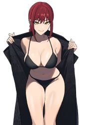 Rule 34 | 1girl, bare shoulders, bikini, black bikini, black coat, braid, breasts, chainsaw man, cleavage, closed mouth, coat, collarbone, dot nose, feet out of frame, groin, hair between eyes, hands up, highres, large breasts, light blush, long hair, looking at viewer, makima (chainsaw man), navel, pink lips, red hair, ringed eyes, sidelocks, simple background, single braid, smile, solo, standing, straight hair, swimsuit, tsurime, w arms, white background, yellow eyes, zeon (zzeeonn)