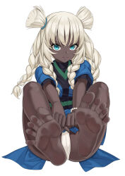 Rule 34 | &gt;:(, 1girl, absurdres, aqua eyes, ass, bare legs, barefoot, blue kimono, blunt tresses, bracelet, braid, closed mouth, dark-skinned female, dark skin, feet, foot focus, full body, hair tie, highres, japanese clothes, jewelry, kimono, long hair, looking at viewer, multiple braids, original, panties, pantyshot, quad braids, sash, serious, short kimono, short sleeves, short twintails, side braids, sitting, soles, solo, spread toes, toes, twintails, underwear, v-shaped eyebrows, very dark skin, white background, white hair, white panties, xo (xo17800108)