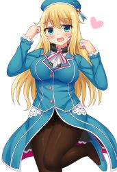 Rule 34 | 10s, 1girl, aqua eyes, atago (kancolle), beret, blonde hair, blush, breasts, female focus, happy, hat, kantai collection, large breasts, leg lift, military, military uniform, neri sachiko, open mouth, panties, pantyhose, shoes, side slit, skirt, solo, standing, underwear, uniform