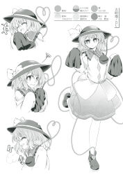 Rule 34 | 0-den, 1girl, absurdres, bright pupils, character name, commentary request, greyscale, hat, hat ribbon, heart, heart of string, highres, komeiji koishi, long sleeves, looking at viewer, monochrome, multiple views, ribbon, shirt, short hair, simple background, skirt, third eye, touhou, translation request