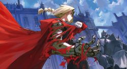 Rule 34 | 1boy, 1other, absurdres, ahoge, alphonse elric, armor, automail, blonde hair, brick, building, chimney, cloud, coat, commentary request, edward elric, full armor, fullmetal alchemist, gloves, hair tie, highres, letro, long hair, looking back, mechanical arms, outdoors, ponytail, prosthesis, red coat, red eyes, screw, single glove, single mechanical arm, spikes, torn clothes, white gloves