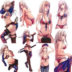 Rule 34 | 1girl, alcohol, american flag bikini, applekun, asahi breweries, ass, asymmetrical footwear, asymmetrical gloves, asymmetrical legwear, bare back, baseball cap, beer, beer can, bikini, blue bikini, blue eyes, breasts, can, drink can, fate/grand order, fate (series), flag print, from side, gloves, gun, hair down, hand in own hair, hat, highres, large breasts, long hair, looking at viewer, looking back, lying, miyamoto musashi (fate), miyamoto musashi (fate/grand order), miyamoto musashi (swimsuit berserker) (fate), miyamoto musashi (swimsuit berserker) (second ascension) (fate), multiple views, navel, on side, red bikini, shrug (clothing), silver hair, simple background, squatting, swimsuit, sword, thigh strap, two-tone bikini, uneven footwear, uneven gloves, uneven legwear, weapon, white background