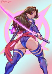 1girl agitato ass bare_shoulders elbow_gloves gloves highleg highleg_leotard highres holding holding_sword holding_weapon leotard long_hair looking_at_viewer marvel marvel_rivals psylocke purple_eyes purple_hair sash solo superhero_costume sword thighhighs weapon x-men