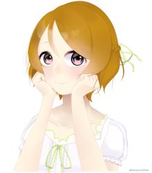 Rule 34 | 1girl, alternate hairstyle, artist name, artist request, blush, breasts, brown hair, collarbone, dress, female focus, hair between eyes, hair ribbon, half updo, hand on own cheek, hand on own face, koizumi hanayo, looking at viewer, love live!, love live! school idol project, parted lips, puffy short sleeves, puffy sleeves, purple eyes, ribbon, short hair, short sleeves, small breasts, smile, solo, white dress, yellow ribbon