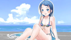 Rule 34 | 1girl, beach, bikini, blue bikini, blue eyes, blue hair, blue sky, breasts, cloud, commentary request, day, floral print, front-tie bikini top, front-tie top, gradient hair, hashijiro kou, highres, horizon, kantai collection, long hair, looking at viewer, multicolored hair, o-ring, o-ring bikini, o-ring bottom, ocean, outdoors, samidare (kancolle), sitting, sky, small breasts, solo, swept bangs, swimsuit, very long hair, wet