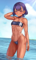 Rule 34 | 1girl, absurdres, arm behind head, arm up, blunt ends, blush, bob cut, braid, breasts, casual one-piece swimsuit, caustics, choker, collarbone, commentary, contrapposto, covered navel, dark-skinned female, dark skin, day, english commentary, gris swimsuit, hair behind ear, highleg, highleg swimsuit, highres, hip bones, horizon, looking at viewer, meme attire, navel, ocean, one-piece swimsuit, original, outdoors, purple hair, red eyes, see-through, short hair, side braid, small breasts, smile, solo, standing, strapless, strapless one-piece swimsuit, sunlight, swimsuit, toin (iitoin), underboob, wading, water, wet
