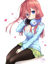 Rule 34 | 1girl, black pantyhose, blue cardigan, blue eyes, breasts, brown hair, cardigan, cleavage, closed mouth, commentary request, dress shirt, floating hair, go-toubun no hanayome, green skirt, hair between eyes, hand on headphones, hand up, headphones, headphones around neck, long hair, long sleeves, medium breasts, mitha, nakano miku, pantyhose, petals, pleated skirt, shadow, shirt, signature, sitting, skirt, sleeves past wrists, solo, white background, white shirt