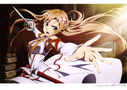 Rule 34 | 10s, 1girl, absurdres, armor, armpits, asuna (sao), brown eyes, brown hair, detached sleeves, highres, holding, holding sword, holding weapon, long hair, open mouth, pleated skirt, red skirt, skirt, solo, sword, sword art online, weapon, white armor, yonezawa masaru