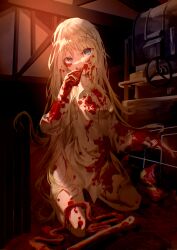 Rule 34 | 1girl, absurdres, amesa, blood, blood on clothes, blood on face, blood on hands, blood splatter, bloody knife, blue eyes, collared shirt, eating, food, guro, highres, holding, holding food, holding knife, kneeling, knife, long hair, long sleeves, looking at viewer, naked shirt, on floor, organs, original, raw meat, shirt, solo, tilted headwear, white hair
