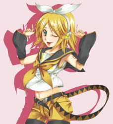 Rule 34 | 1girl, ;d, aqua eyes, arm warmers, bad id, bad pixiv id, belt, blonde hair, blouse, blue eyes, bow, buckle, cowboy shot, hair bow, hair ornament, hairclip, hands up, headphones, kagamine rin, kagamine rin (if), midriff, navel, one eye closed, open mouth, pink background, ribbon, sailor collar, shirt, short hair, shorts, silhouette, simple background, sleeveless, smile, solo, stomach, swept bangs, tattoo, tsurugi (artist), vocaloid, white bow, white shirt, wink, yellow ribbon, yellow shorts