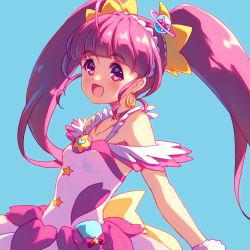 Rule 34 | blue background, choker, collarbone, cowboy shot, cure star, dress, earrings, highres, hoshina hikaru, jewelry, long hair, looking at viewer, magical girl, open mouth, pink choker, pink dress, pink eyes, pink hair, precure, sayousuke, simple background, smile, star twinkle precure, twintails