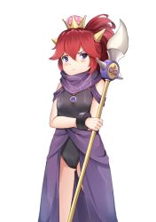 Rule 34 | 1girl, aged down, baby bowser, bare shoulders, black leotard, blush, bowser, bowsette, breasts, closed mouth, commentary request, crown, gluteal fold, hair between eyes, highres, holding, holding polearm, holding spear, holding weapon, horns, leotard, long hair, looking at viewer, mario (series), mini crown, new super mario bros. u deluxe, nintendo, pak ce, polearm, ponytail, purple eyes, red hair, simple background, small breasts, solo, spear, standing, super crown, transparent background, v-shaped eyebrows, weapon, white background