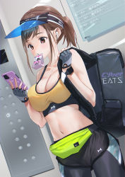 Rule 34 | 1girl, backpack, bag, bare shoulders, black pants, black shorts, blush, breasts, brown eyes, brown hair, cellphone, cleavage, collarbone, crop top, dolphin shorts, fanny pack, fingerless gloves, gloves, grey gloves, highres, large breasts, medium hair, mhk (mechamania), midriff, mouth hold, navel, original, pants, phone, ponytail, shirt, shorts, sleeveless, sports bra, stomach, sweat, thighs, track pants, visor cap, yellow shirt