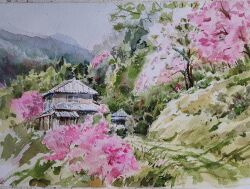 Rule 34 | akemisuisai, building, cherry blossoms, day, forest, garage, grass, grey sky, hill, house, nature, no humans, original, painting (medium), scenery, sky, sunlight, traditional media, tree, watercolor (medium)