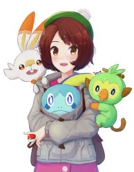 Rule 34 | 1girl, :d, animal, animal on shoulder, artist name, backpack, bad id, bad pixiv id, bag, beret, blue eyes, blush, brown eyes, brown hair, creatures (company), game freak, gen 8 pokemon, gloria (pokemon), green eyes, green hat, grookey, hat, highres, holding, holding poke ball, ippers, jacket, looking at viewer, nintendo, open mouth, poke ball, poke ball (basic), pokemon, pokemon (creature), pokemon swsh, scorbunny, short hair, simple background, smile, sobble, starter pokemon trio, upper body, white background