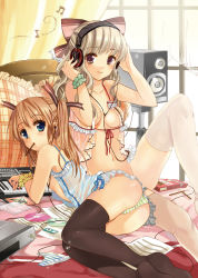 Rule 34 | 2girls, ass, babydoll, bad id, bad pixiv id, black legwear, blonde hair, blue eyes, earphones, flat chest, food, front-tie top, headphones, highres, kusukoni melco, legs, lingerie, long hair, looking at viewer, mouth hold, multiple girls, no bra, no panties, open clothes, open shirt, original, panties, pocky, shirt, short hair, striped clothes, striped panties, thighhighs, twintails, underwear, white legwear