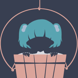 Rule 34 | 1girl, black background, bucket, green hair, hair bobbles, hair ornament, highres, in bucket, in container, kisume, maskin mei, no lineart, portrait, short hair, silhouette, simple background, solo, touhou, vector art