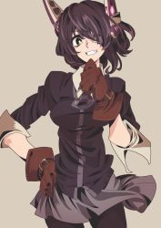 Rule 34 | 10s, 1girl, alternate legwear, bad id, bad pixiv id, belt, contrapposto, gloves, grey background, hand on own hip, highres, kantai collection, leather, leather gloves, looking at viewer, maikeru (dk maikel), miniskirt, necktie, pantyhose, pleated skirt, purple hair, school uniform, short hair, simple background, skirt, smile, solo, standing, tenryuu (kancolle)