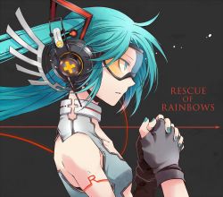Rule 34 | 1girl, aqua eyes, aqua hair, fingerless gloves, gloves, goggles, own hands clasped, hatsune miku, headphones, nail polish, own hands together, profile, solo, twintails, vocaloid, yosakuh