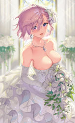 Rule 34 | 1girl, :d, alternate costume, bare shoulders, blush, bouquet, breasts, bride, church, cleavage, collarbone, day, dress, earrings, elbow gloves, fate/grand order, fate (series), flower, frills, gloves, hair flower, hair ornament, hair over one eye, highres, holding, holding bouquet, indoors, jewelry, large breasts, layered dress, lily (flower), long hair, looking at viewer, mash kyrielight, necklace, open mouth, pink hair, purple eyes, sage joh, short hair, skindentation, smile, solo, sparkle, strapless, strapless dress, sunlight, wedding dress, white dress, white gloves, white theme, window