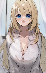 Rule 34 | 1girl, absurdres, atago (kancolle), blonde hair, blue eyes, breasts, buttons, collared shirt, hair between eyes, highres, kantai collection, large breasts, long hair, long sleeves, one-hour drawing challenge, open mouth, picoli1313, shirt, smile, solo, twitter username, upper body, white shirt