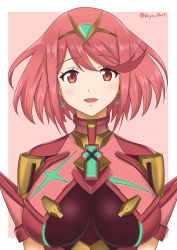 Rule 34 | 1girl, absurdres, breasts, chest jewel, earrings, headpiece, highres, huge filesize, jewelry, large breasts, pyra (xenoblade), red eyes, red hair, ryochan96154, short hair, simple background, solo, swept bangs, tiara, xenoblade chronicles (series), xenoblade chronicles 2