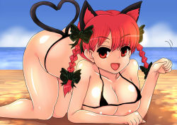 Rule 34 | 1girl, all fours, animal ears, beach, bikini, braid, breasts, cat ears, cat tail, cleavage, day, heart, heart tail, kaenbyou rin, large breasts, looking at viewer, micro bikini, n (dai n honpo), open mouth, paw pose, red eyes, red hair, smile, solo, swimsuit, tail, touhou, twin braids