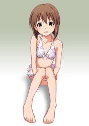 Rule 34 | 1girl, barefoot, bikini, brown eyes, brown hair, feet, hagiwara yukiho, hands on feet, idolmaster, idolmaster (classic), ryunnu, short hair, simple background, solo, swimsuit