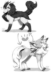 Rule 34 | 1boy, 1girl, animal, animal ears, animal hands, arrow (projectile), blush, claws, creatures (company), dog, dog ears, dog tail, feet, flying sweatdrops, full body, furry, game freak, gen 3 pokemon, gen 7 pokemon, greyscale, grin, half-closed eyes, hand up, heart, looking to the side, lycanroc, mightyena, monochrome, negoya, nintendo, pokemon, pokemon (creature), pokemon rse, pokemon sm, simple background, smile, standing, sweat, tail, teeth, white background, wolf, wolf ears