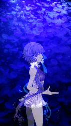 Rule 34 | 1girl, alternate costume, alternate hair length, alternate hairstyle, blue background, breasts, closed mouth, commentary request, expressionless, from side, hair ornament, half-closed eyes, hand up, high-waist skirt, highres, jellyfish, leotard, long hair, looking at viewer, looking to the side, mmki 8, photo background, purple eyes, purple leotard, ringlets, see-through, see-through skirt, short hair with long locks, skirt, sleeveless, small breasts, solo, standing, underbust, very long hair, vocaloid, voiceroid, yuzuki yukari