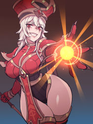 Rule 34 | 1girl, armor, bad id, bad pixiv id, breasts, cape, carcass (artist), casting spell, cleavage, curvy, elbow gloves, gem, gloves, grey hair, hair between eyes, hat, heroes of the storm, highleg, highleg leotard, highres, holding, holding staff, jewelry, large breasts, leotard, long hair, necklace, pauldrons, red eyes, red gloves, red hat, red thighhighs, sally whitemane, shoulder armor, sketch, smile, solo, staff, teeth, thick thighs, thighhighs, thighs, wide hips