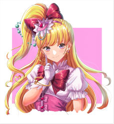 Rule 34 | 1girl, absurdres, asahina mirai, blonde hair, bracelet, corset, cure miracle, diamond-shaped brooch, earrings, gloves, hat, highres, jewelry, long hair, looking at viewer, magical girl, mahou girls precure!, mini hat, mini witch hat, pink background, pink hat, ponytail, precure, puffy short sleeves, puffy sleeves, purple eyes, sakana sakanama, short sleeves, two-tone background, upper body, white background, white gloves, witch hat