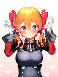 Rule 34 | 1girl, aqua eyes, blonde hair, blush, bow, breasts, commentary request, cosplay, gekkan shoujo nozaki-kun, gloves, hair bow, hair ornament, hands up, highres, kantai collection, long hair, long sleeves, looking at viewer, low twintails, medium breasts, military, military uniform, open mouth, ozawa ari, parted lips, polka dot, polka dot bow, prinz eugen (kancolle), sakura chiyo, sakura chiyo (cosplay), voice actor connection, solo, tsukui kachou, twintails, uniform, white gloves