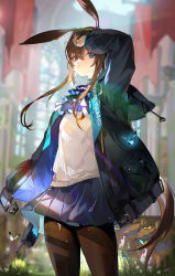 Rule 34 | 1girl, absurdres, amiya (arknights), animal ears, arknights, bijian de linghun, black jacket, blue eyes, blue skirt, blurry, blurry background, brown hair, bug, butterfly, closed mouth, commentary, commentary request, cowboy shot, english commentary, grass, hair between eyes, hand on own forehead, highres, holding walkie-talkie, insect, jacket, jewelry, long hair, long sleeves, looking at viewer, open clothes, open jacket, pantyhose, pleated skirt, ponytail, rabbit ears, red flag, ring, shirt, sidelocks, skirt, solo, standing, walkie-talkie, white shirt