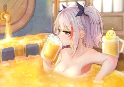 Rule 34 | 1girl, alcohol, azur lane, bathing, beer, beer mug, beer tap, blush, breasts, cleavage, cleavage cutout, clothing cutout, cup, foam, grey hair, highres, large breasts, manjuu (azur lane), mug, multicolored hair, prinz eugen (azur lane), red eyes, red hair, shou zong, solo, streaked hair, twintails, two side up, valve, window